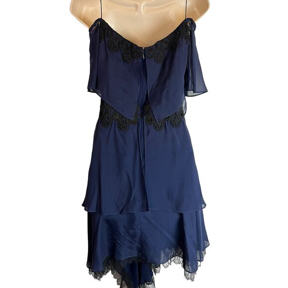 Jonathan Simkhai Blue Silk Black Lace Party Dress Cocktail Ruffle 0 - Picture 10 of 13